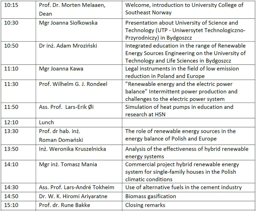 Przebieg: Program seminarium zorganizowanego na University College of Southeast Norway: Poruszona tematyka, przedstawione rozwiązanie, w szczególności rozwiązania innowacyjne, szczególnie