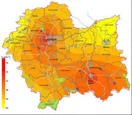 Mapy. Rozkład stężeń średniorocznych wybranych zanieczyszczeń powietrza w województwie małopolskim w 2012 roku (źródło: PMŚ/WIOŚ Kraków 5 ) Pył PM2,5