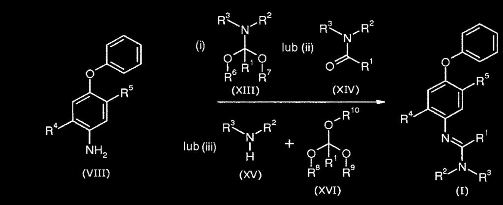 -49- (f) poddawanie reakcji eterów aniliny o wzorze (VIII) z (i) aminoacetalami o wzorze (XIII) lub (ii) z amidami o