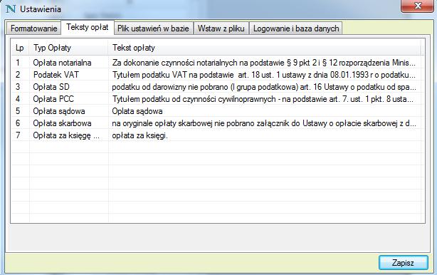 Zakładka Teksty opłat pozwala na zdefiniowanie domyślnych tekstów podstaw pobierania opłat