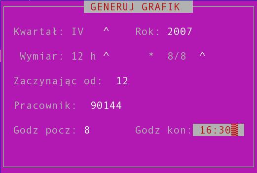 kwartał generujemy grafik wymiar możemy wybrać tryb 8 lub 12 godzinny: a) tryb ośmiogodzinny oznacza, że ustalamy jeszcze wymiar etatu, do wyboru mamy 8/8, 7/8, ¾, ½, ¼, 1/8 etatu, gdzie 8/8 to pełen