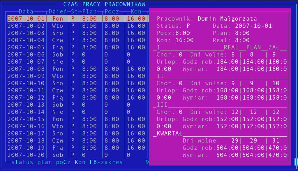 Grafik: Poszczególne pola widoku oznaczają kolejno: Data i dzień- dzień pracy i tygodnia St status czyli oznaczenia zgodne z tabelą statusów Plan planowana liczba godzin na wskazany dzień Pocz