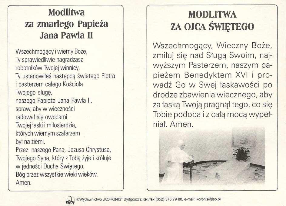 Na rewersie: Modlitwa za zmarłego Papieża Jana Pawła II. - Modlitwa.