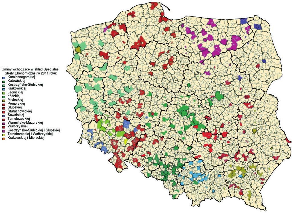 Wykorzystanie uogólnionej miary odległości do porządkowania liniowego 137 Rys. 1. Przestrzenne rozmieszczenie 14 SSE i ich podstref w Polsce w 2011 roku Źródło: opracowanie własne.