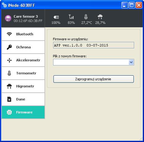 Po wybraniu zakładki Firmware pojawi się następujące okienko: W polu Firmware w urządzeniu wyświetlana jest wersja firmware znajdująca się w urządzeniu i data jego utworzenia.