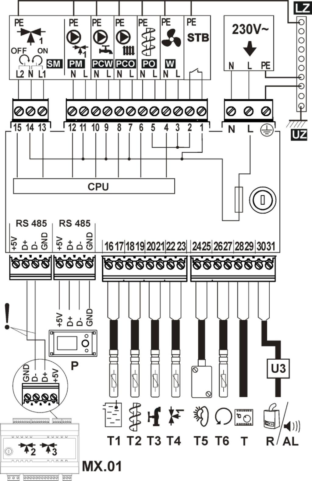 13 Schemat elektryczny. Rys nr 10. Opis połączeń sterownika kotła UNI Komfort: T1-czujnik temperatury kotła; 2-czujnik temperatury podajnika paliwa; T3-czujnik temperatury C.W.