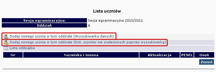Dodawanie uczniów W celu dodania nowego ucznia do wcześniej stworzonego oddziału naleŝy kliknąć odnośnik Lista uczniów znajdujący się po prawej stronie.