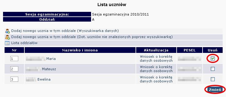 2.9. Usunięcie ucznia z list zdających Zmiany na listach uczniów naleŝy niezwłocznie wprowadzić do systemu OBIEG.