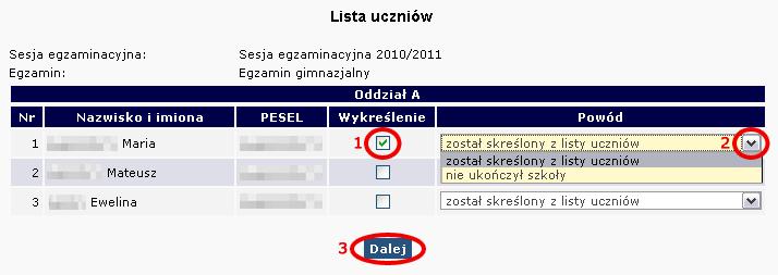 Następnie na liście uczniów w danym oddziale zaznaczyć kwadracik w kolumnie Usuń z nazwiskiem wybranego ucznia/uczniów. Zmiany zatwierdzić przyciskiem Zmień.