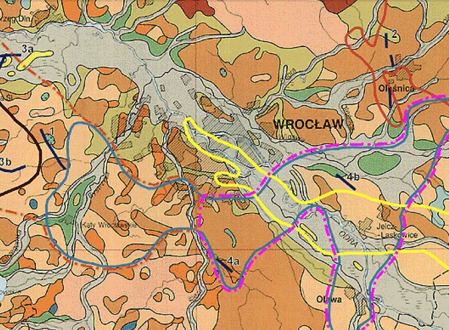Mapa geologiczna utworów czwartorzędowych okolic Wrocławia (Chmal 1967) z zaznaczonymi granicami GZWP i prognozowanych obszarów ujęciowych (Kryza i inni