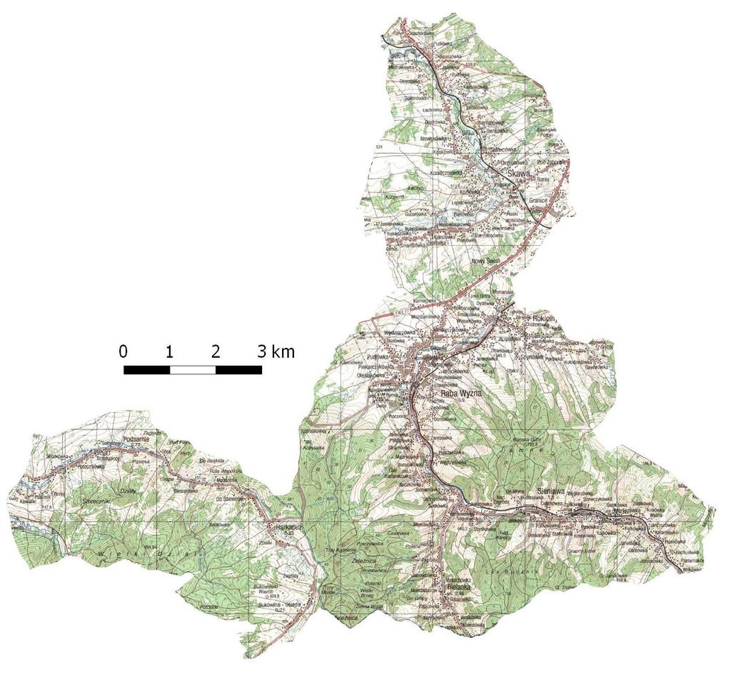 Rys. 3. Mapa poglądowa gminy Raba Wyżna Gmina Raba Wyżna położona jest w obrębie głównego grzbietu Karpat, mimo tego nie posiada cech charakterystycznych dla krajobrazu beskidzkiego (górskiego).