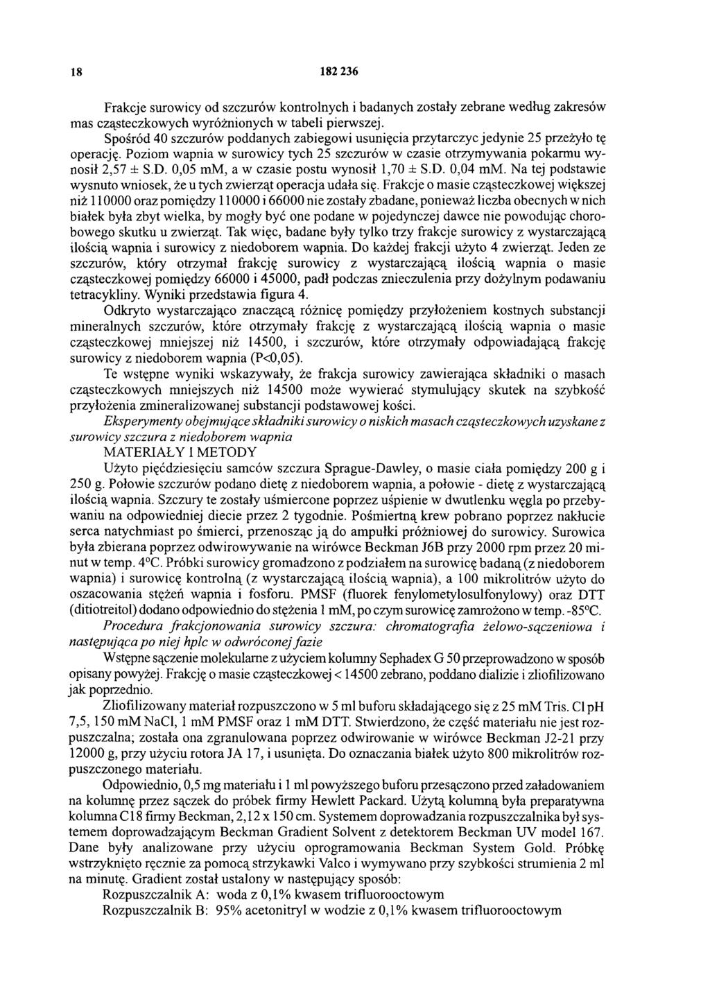 18 182 236 Frakcje surowicy od szczurów kontrolnych i badanych zostały zebrane według zakresów mas cząsteczkowych wyróżnionych w tabeli pierwszej.