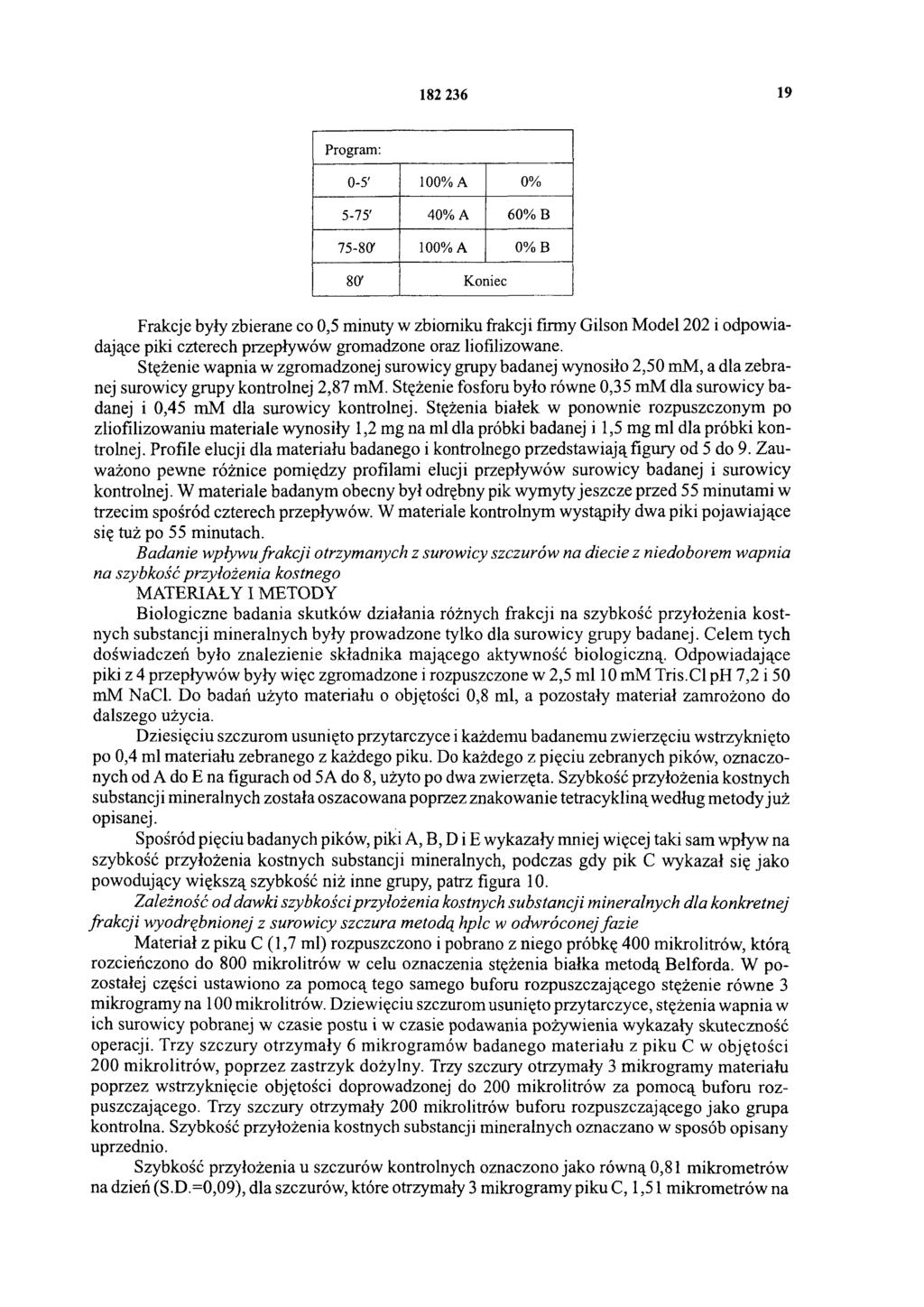 182 236 19 Program: 0-5' 100% A 0% 5-75' 40% A 60% B 75-80' 100% A 0% B 80' Koniec Frakcje były zbierane co 0,5 minuty w zbiorniku frakcji firmy Gilson Model 202 i odpowiadające piki czterech