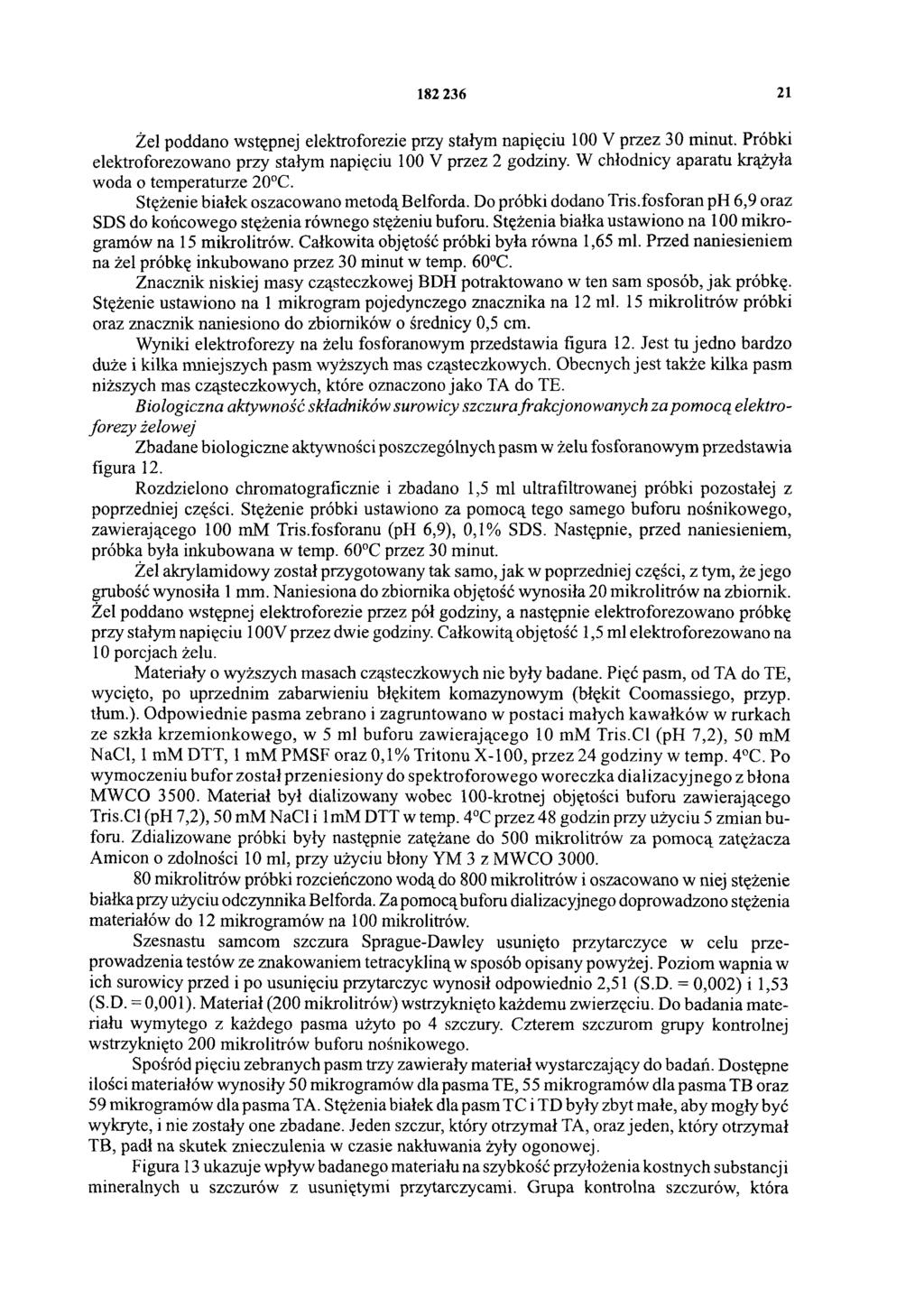 182 236 21 Żel poddano wstępnej elektroforezie przy stałym napięciu 100 V przez 30 minut. Próbki elektroforezowano przy stałym napięciu 100 V przez 2 godziny.