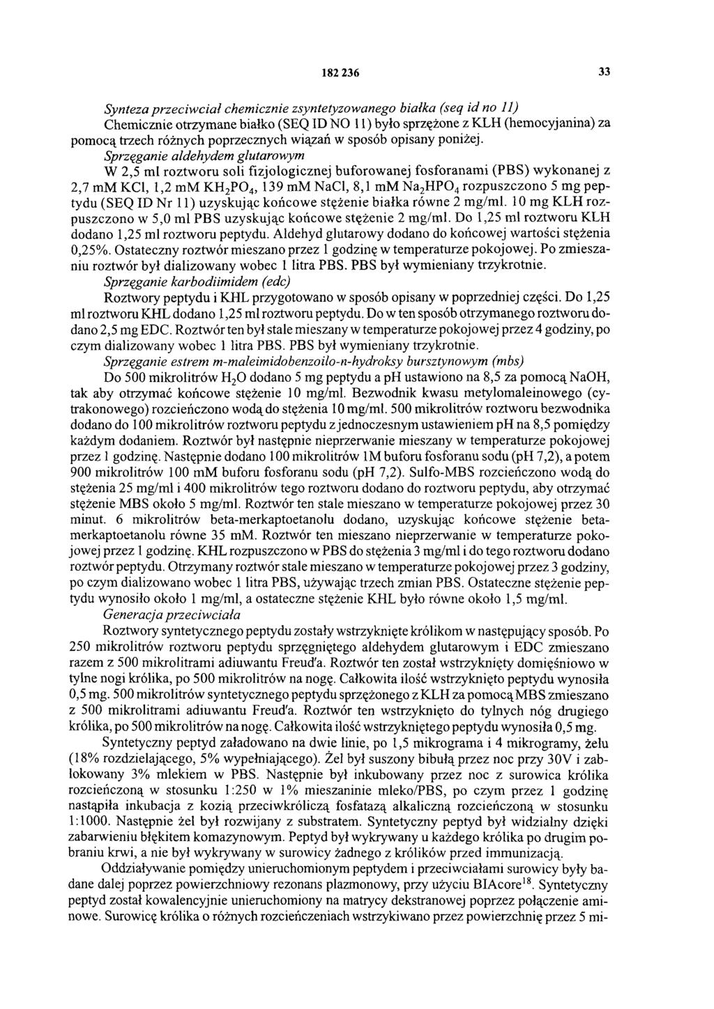 182 236 33 Synteza przeciw ciał chemicznie zsyntetyzowanego białka (seq id no 11) Chemicznie otrzymane białko (SEQ ID NO 11) było sprzężone z KLH (hemocyjanina) za pomocą trzech różnych poprzecznych
