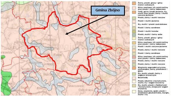 Rysunek 23. Położenie geologiczne Gminy Zbójno Źródło: Państwowy Instytut Geologiczny, Centralna Baza Danych Geologicznych, web3.pgi.gov.