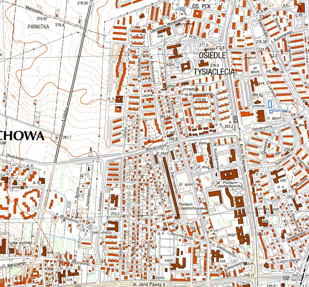 Fragment kopii Mapy topograficznej w skali 1:50 000, Arkusz Częstochowa, godło M-34-039-C Objaśnienia - Rejon terenu badań "GEOBIOS" - Częstochowa ul.