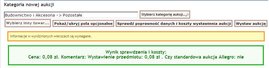 Przy próbie zatwierdzenia aukcji bez uzupełnienia tych pól, pojawi się stosowny komunikat.