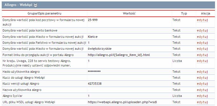 Konfiguracja modułu Allegro Konieczne będzie również uzupełnienie parametrów konfiguracyjnych związanych ze współpracą z serwisem aukcyjnym: Domyślna wartość pola kod pocztowy w formularzu nowej