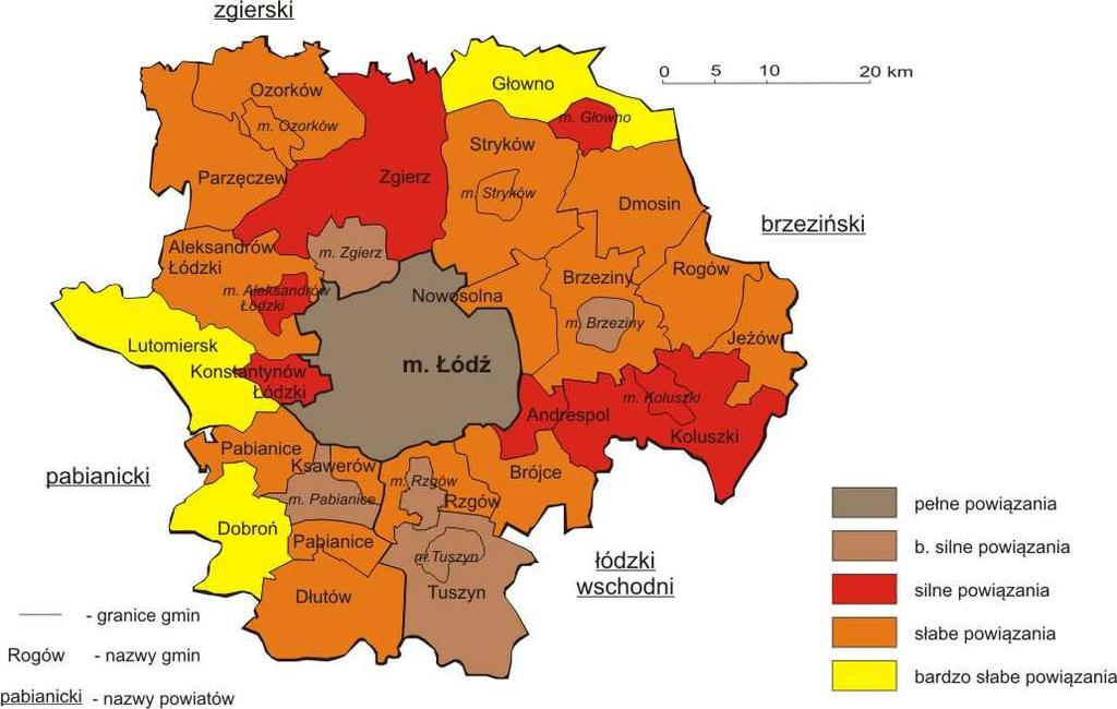 Rys. 23. Przestrzenne zróżnicowanie powiązań gospodarczych w Łódzkim Obszarze Metropolitalnym w 2013 r. Źródło: opracowanie własne na podstawie bazy REGON.