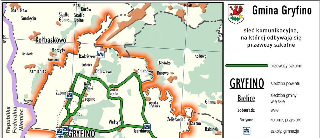 Plan zrównoważonego rozwoju publicznego transportu zbiorowego dla Gminy Gryfino na lata 2016 2025 Rys. 4.2.1. Sieć komunikacyjna na której odbywają się przewozy szkolne. 4.3.