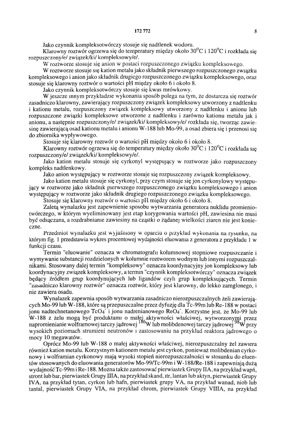 172 772 5 Jak czynnik kmplekstwórczy stsuje się nadtlenek wdru. Klarwny rztwór grzewa się d temperatury między kł 30 C i 120 C i rzkłada się rzpuszczny/e/ związek/ki/ kmplekswy/e/.