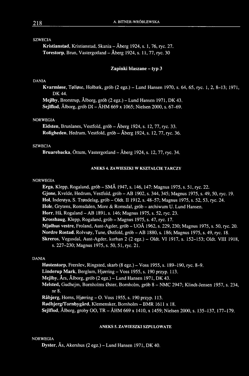 ) - Lund Hansen 1971, DK 43. Sejlflod, Álborg, grób DI - ÁHM 669 x 1065; Nielsen 2000, s. 67-69. NORWEGIA Eidsten, Brunlanes, Vestfold, grób - Áberg 1924, s. 12, 77, ryc. 33.