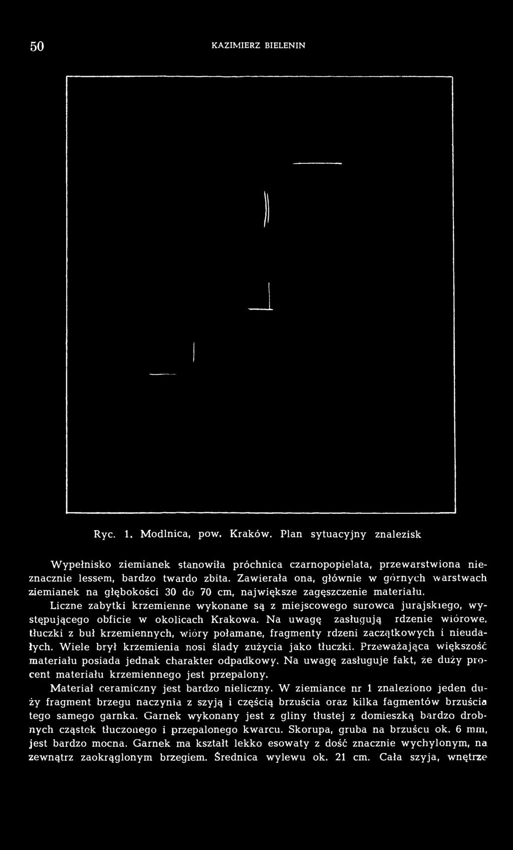 Liczne zabytki krzemienne wykonane są z miejscowego surowca jurajskiego, występującego obficie w okolicach Krakowa.