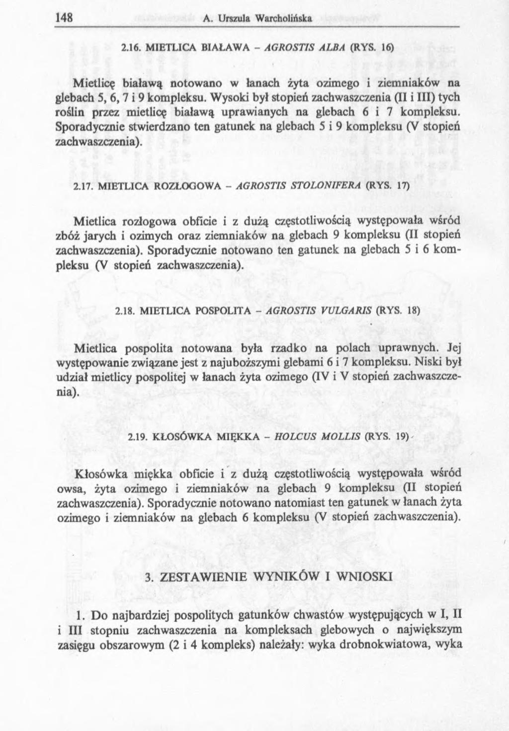148 A. Urszula Warcholińska 2.16. MIETLICA BIAŁAWA - AGROSTIS ALBA (RYS. 16) Mietlicę białawą notowano w łanach żyta ozimego i ziemniaków na glebach 5, 6, 7 i 9 kompleksu.
