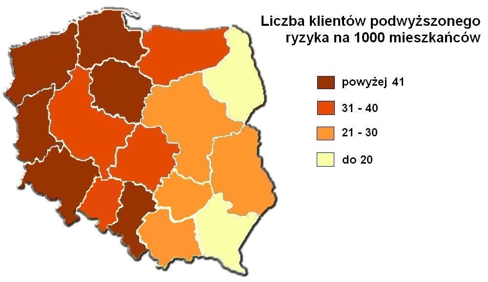 Liczba klientów podwyższonego ryzyka na 1000 mieszkańców Biorąc pod uwagę stosunek liczby klientów czasowo niewywiązujących się z zobowiązań do liczby mieszkańców, okazuje się, że największy odsetek