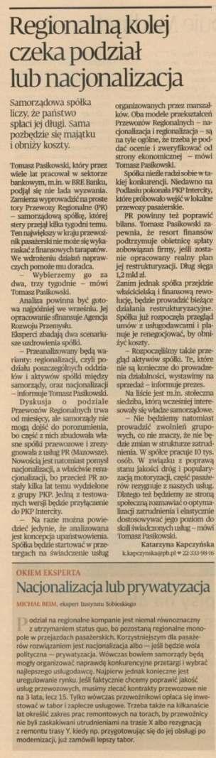 REGIONALNĄ KOLEJ CZEKA PODZIAŁ LUB NACJONALIZACJA PULS BIZNESU s.
