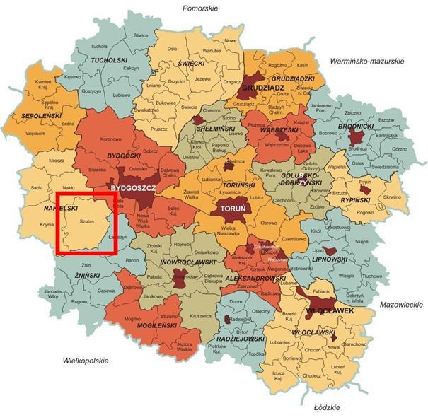 II. Diagnoza stanu istniejącego II.1. Ogólne informacje o gminie II.1.1. Położenie i relacje zewnętrzne Gmina Szubin położona jest w północno-wschodniej części Pałuk, w powiecie nakielskim, na terenie województwa kujawsko-pomorskiego.
