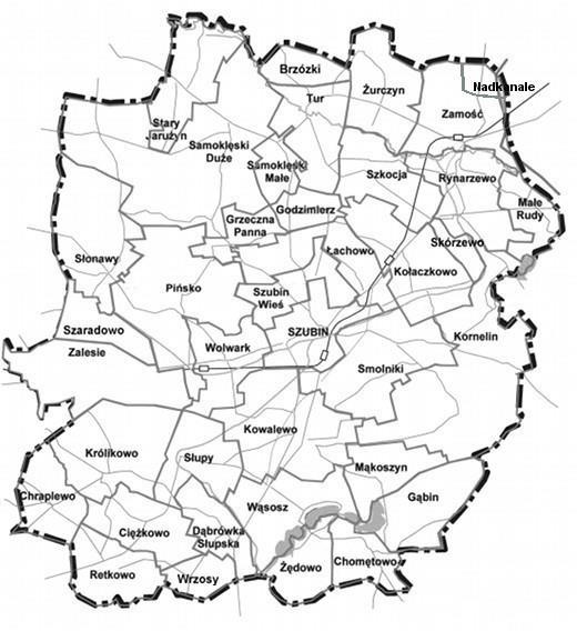 Rysunek 2. Podział gminy na sołectwa Źródło: Urząd Miejski w Szubinie II.1.. Historia gminy Pierwsze ślady ludzkie na terenach należących do gminy Szubin zostały zarejestrowane już ok. 8000 lat p.n.e. i przypadają na starszą epokę kamienia.