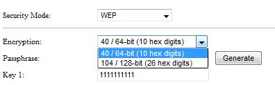 WEP Podstawowa metoda autoryzacji oferuje dwa poziomy szyfrowania: 40/64-bity (10 znaków heksadecymalnych) 104/128-bitów (26 znaków heksadecymalnych) Passphrase pozwala na automatyczne generowanie