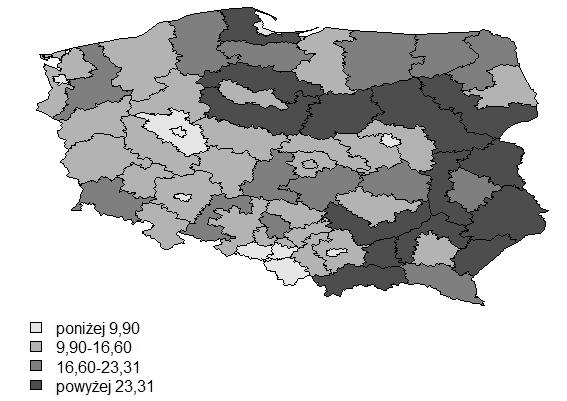 144 Rys. 2. Zasięg ubóstwa w Polsce w 2013 r. Źródło: Na podstawie: [www 1].