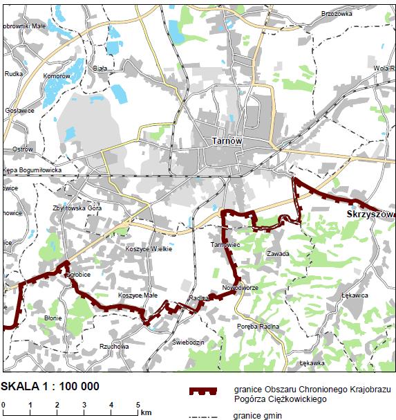 Rys. 4.2. Granica Obszaru Chronionego Krajobrazu Pogórza Ciężkowickiego w stosunku do granic Miasta Tarnów [81].