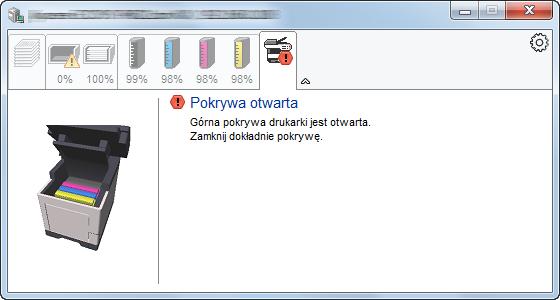 Drukowanie z komputera > Status Monitor Zakładka alarmów Jeśli wystąpi błąd, wyświetlone zostanie powiadomienie w postaci komunikatu tekstowego i obrazu 3D.
