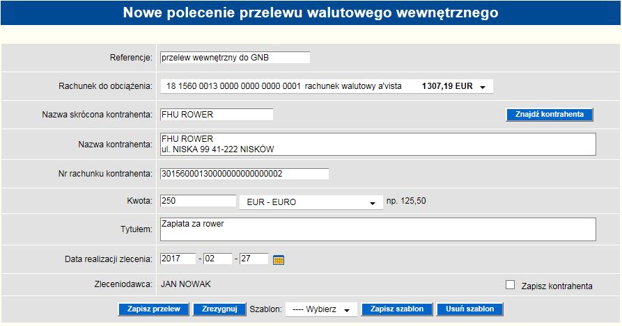 5. Przelew walutowy wewnętrzny Przelewy walutowe kierowane na rachunki Getin Noble Banku SA, są realizowane w zakładce Nowy przelew walutowy wewnętrzny Rysunek 13 Nowe polecenie przelewu walutowego