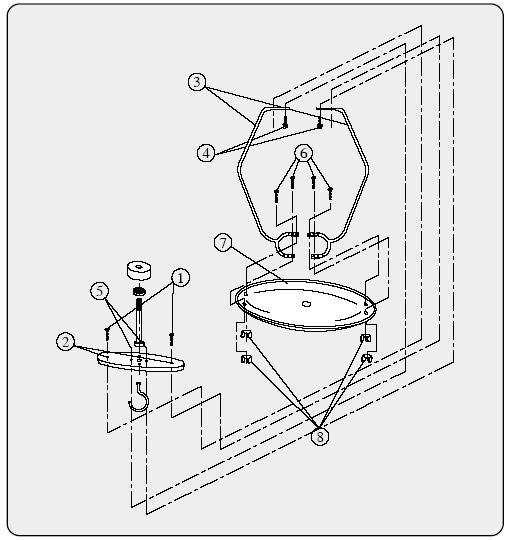 Rysunek powyżej przedstawia sposób montażu szalki. Umieścić śruby-1 w otworach-2 i za ich pomocą przymocować oba ramiona szalki-3 do metalowej podkładki.