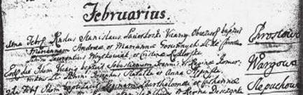 Akt chrztu Marianny Zagajewskiej z 10 lutego 1756 roku księgi, gdzie Andrzej i Marianna zapisywani byli raz jako Zagaiewscy, raz jako Kaczmarze (sic!