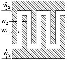 5.1. Analiza numeryczna właściwości elektrycznych cewek i kondensatorów 61 Szerokość wspólnej bocznej elektrody: w 3 = 150 µm Wymiary zewnętrzne: 3 3 oraz 5 5 mm 2 Rys. 5.12.