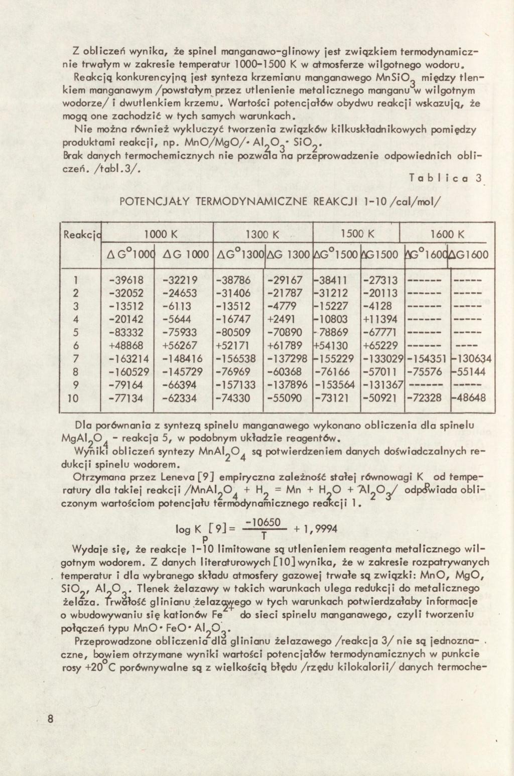 z obliczeń w y n i k a, że spinel manganowo-glinowy jest związkiem termodynamicznie trwałym w zakresie temperatur 1000-1500 K w atmosferze wilgotnego wodoru.