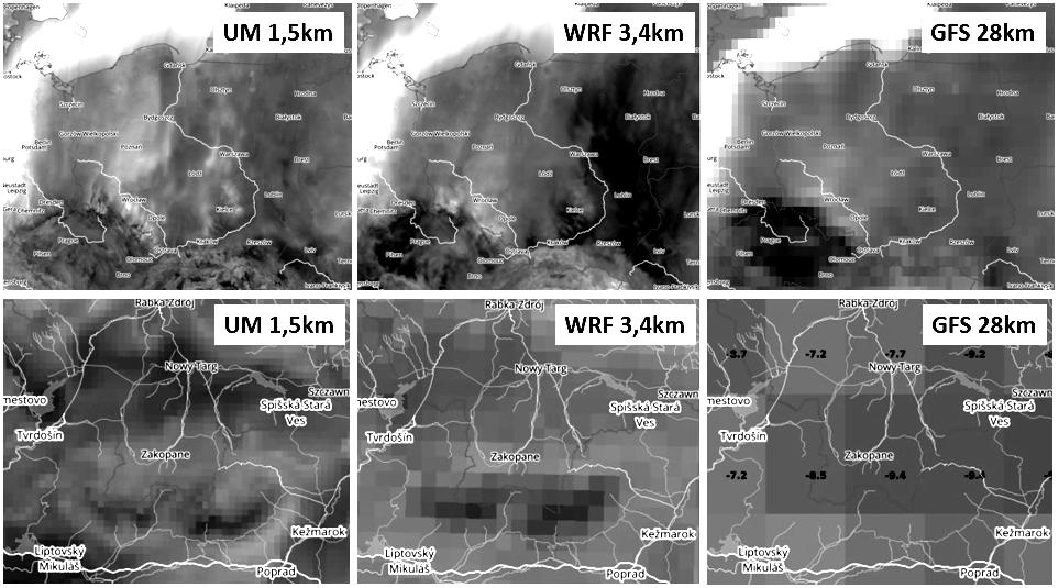 wypadku wartość temperatury na wys. 2m powyżej poziomu gruntu. Ten sam obszar model WRF o rozdzielczości przestrzennej 3,4km pokrywa z użyciem ok. 450 pól, a model GFS tylko dziesięciu.