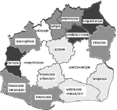 Analiza regionalnego zró nicowania rolnictwa Polski w 2006 roku 31 pomorskie zachodniopomorskie warmiñskomazurskie Rysunek 2. Mapa Polski z ami podzielonymi na 4 grupy ród³o: opracowanie w³asne.