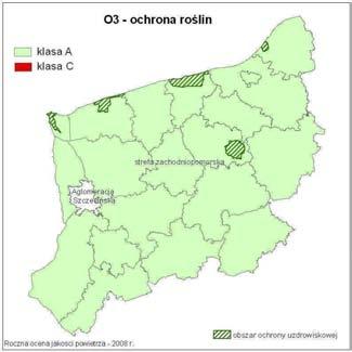 Wynikową ocenę klasyfikację stref dla ozonu pod kątem poziomu docelowego (ochrona zdrowia, ochrona roślin) i poziomu celu długoterminowego (ochrona zdrowia i ochrona roślin), przedstawiono na Rysunku