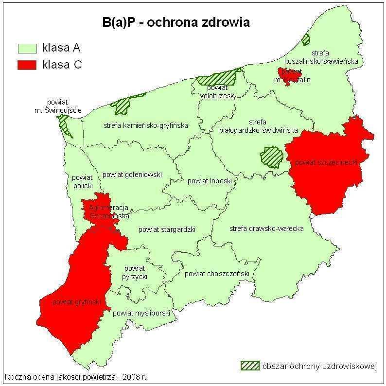 Rysunek I.14. Wynik rocznej oceny jakości powietrza dla województwa zachodniopomorskiego za 2008 r. klasyfikacja stref dla benzo(a)pirenu.