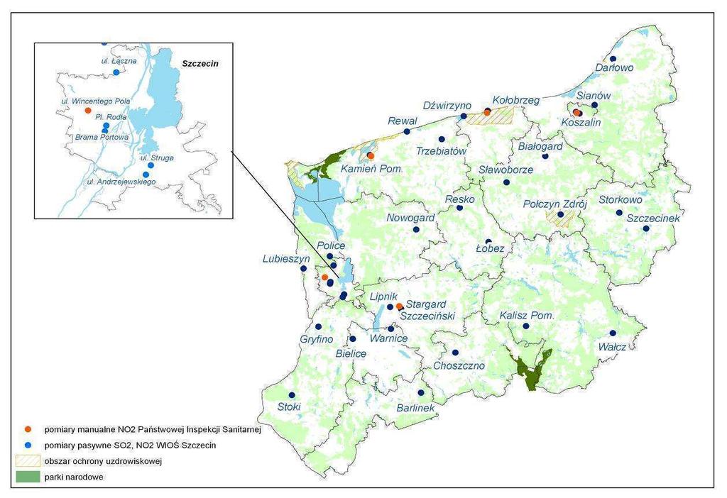 Mapa I.3. Lokalizacja automatycznych i manualnych stacji pomiarowych na potrzeby oceny jakości powietrza za 2008 r.