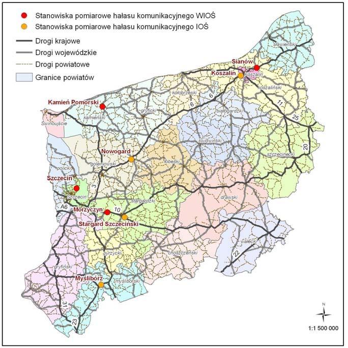 Hałas drogowy W 2008 roku Wojewódzki Inspektorat Ochrony Środowiska w Szczecinie przeprowadził całodobowe pomiary hałasu komunikacyjnego w: Szczecinie, Sianowie, Kamieniu Pomorskim i Morzyczynie.