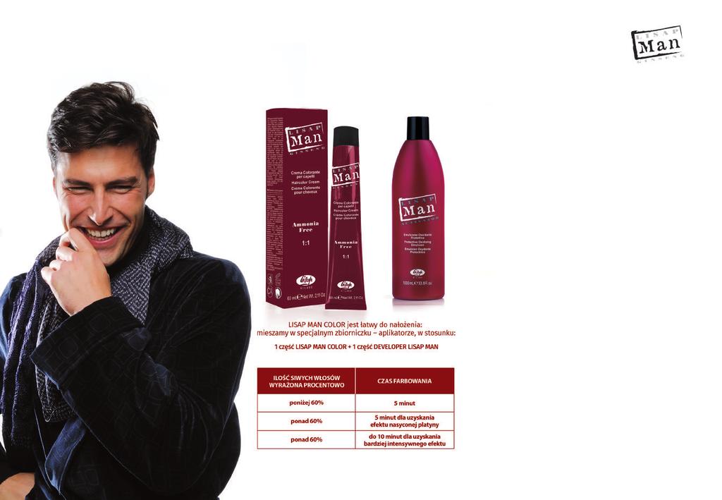 KOLORYZACJA włosów męskich W odpowiedzi na nowe potrzeby rynku w Laboratoriach Badań i Rozwoju Lisap został opracowany LISAP MAN COLOR profesjonalny produkt do męskiej koloryzacji, całkowicie