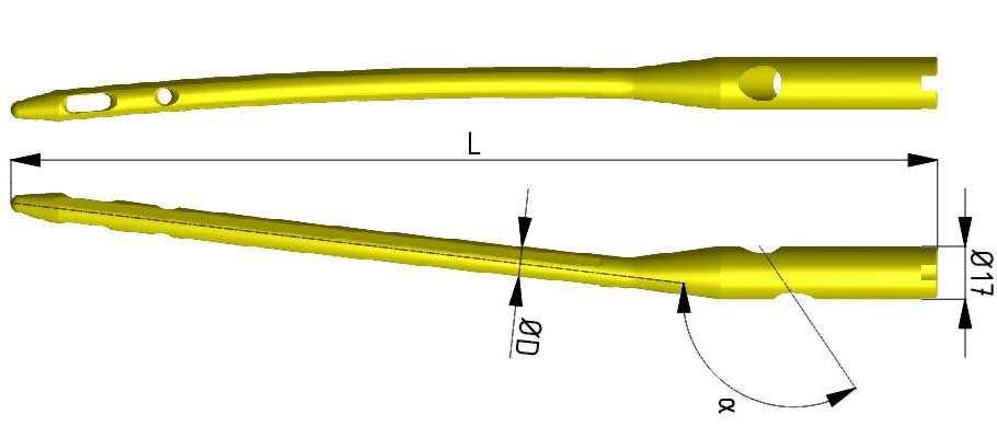 Gwoździe krętarzowe lite długie lewe, bez otworu antyrotacyjnego (1H) Long solid trochanteric nails left, without antirotation hole (1H) α[ ] L[mm].